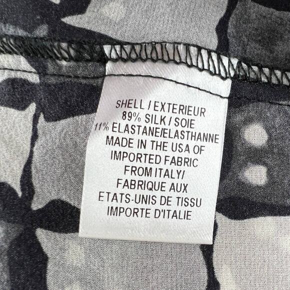 MILLY Black Gray Owl Print Silk Blouse Button-Up Tie-Neck Long Sleeves Stretch 4 - Picture 7 of 9